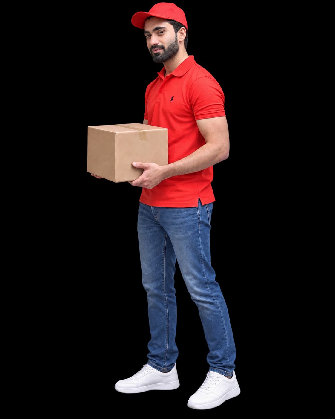 KT courier standing with parcel looking toward camera