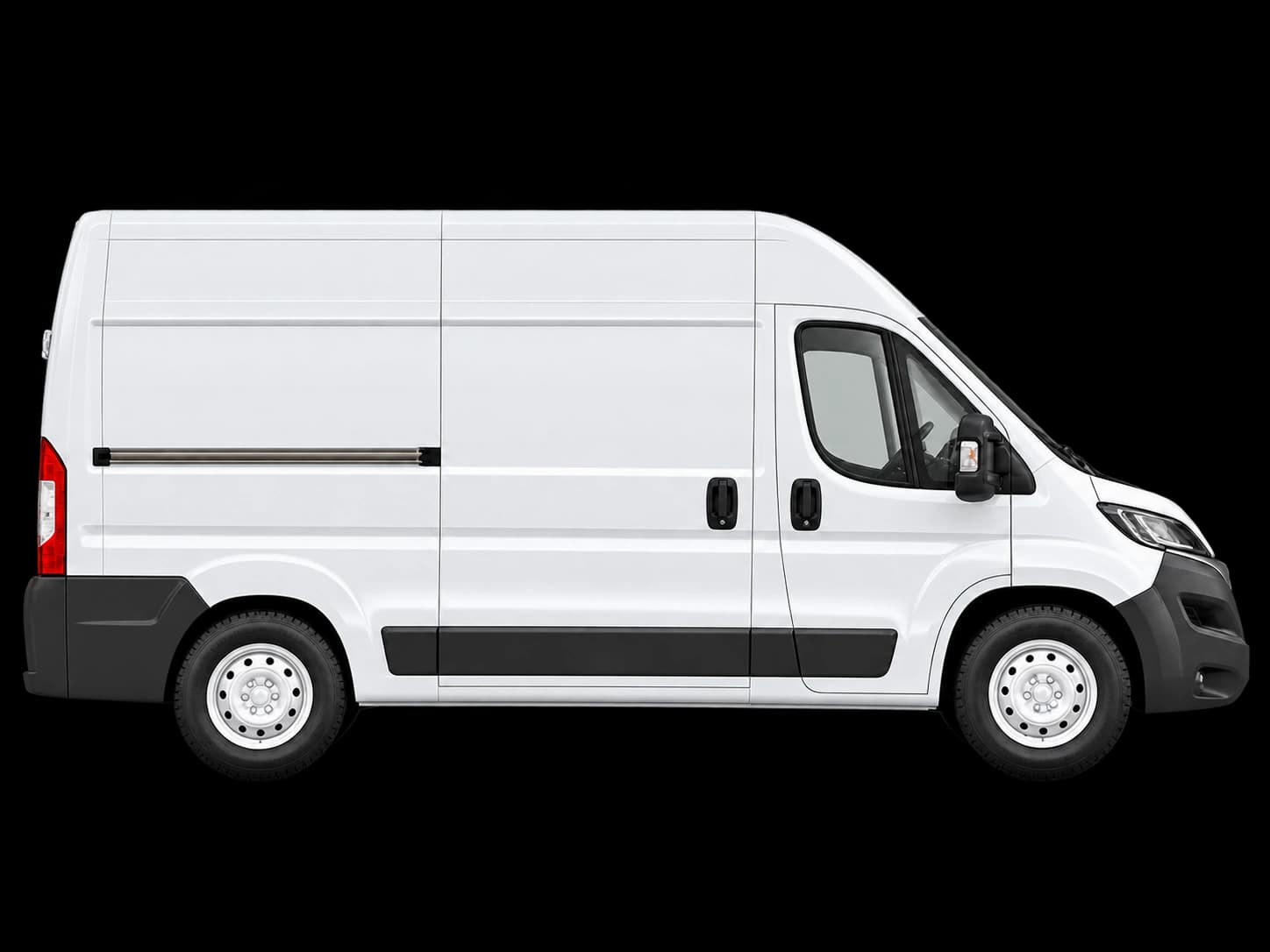 A complete side view of a delivery van
