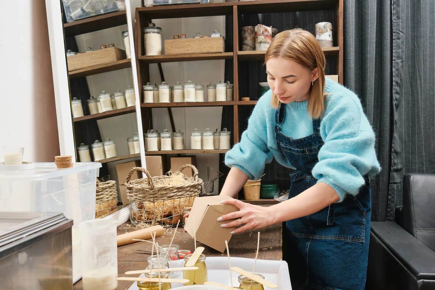 Hands wrapping delicate craft items in protective packaging